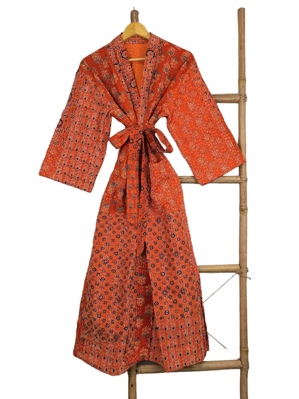 ORANGE AJRAKH PATCHWORK - KANTHA KIMONO ROBE