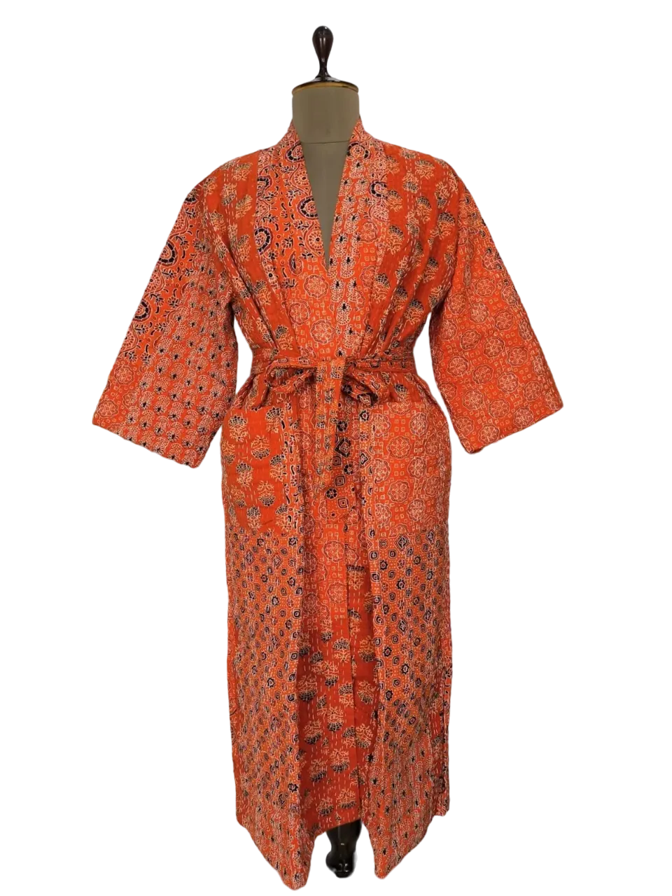 ORANGE AJRAKH PATCHWORK - KANTHA KIMONO ROBE