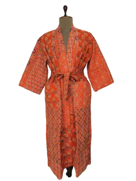 ORANGE AJRAKH PATCHWORK - KANTHA KIMONO ROBE