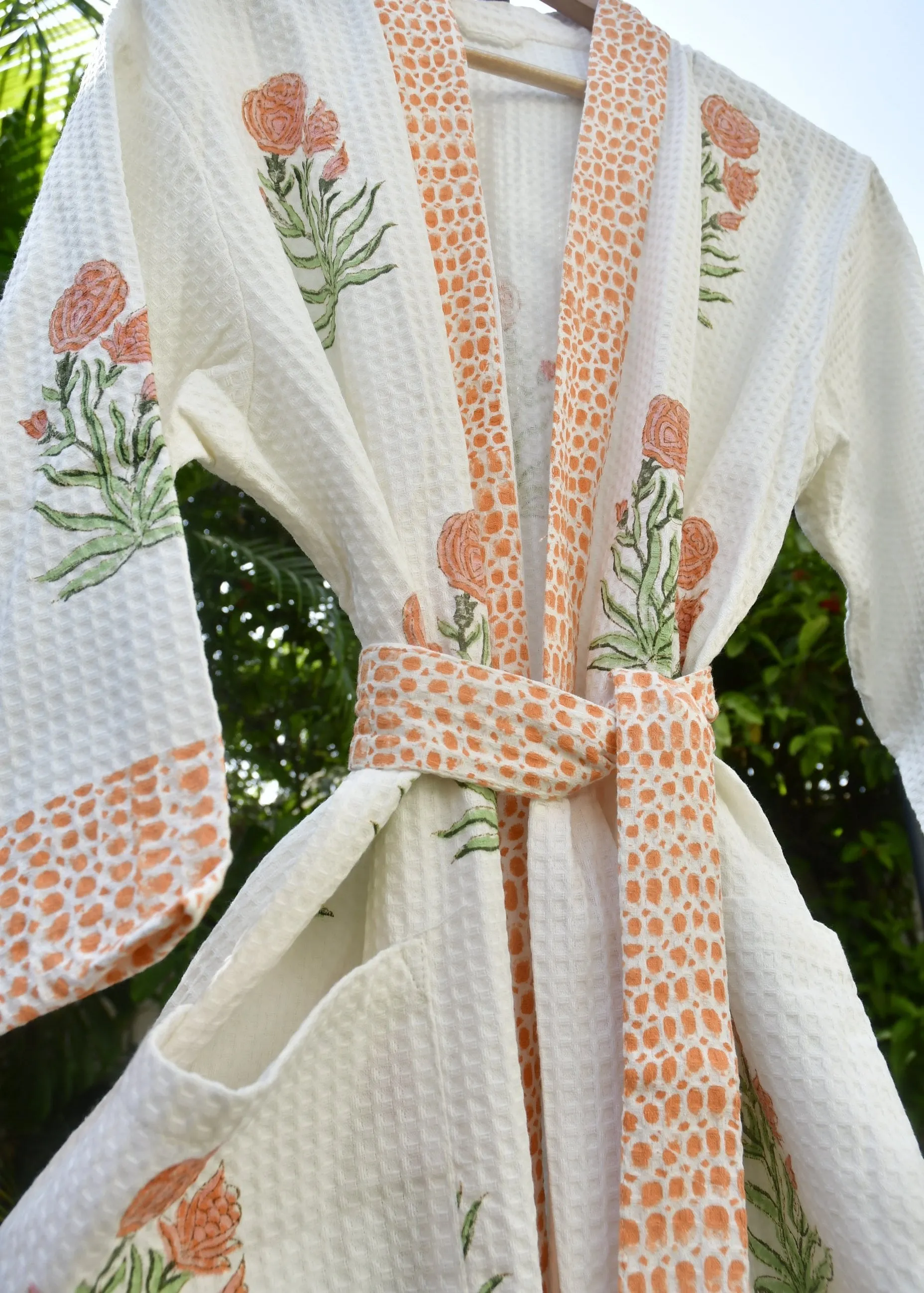 Peach Floral Premium Handblock Cotton Bathrobe