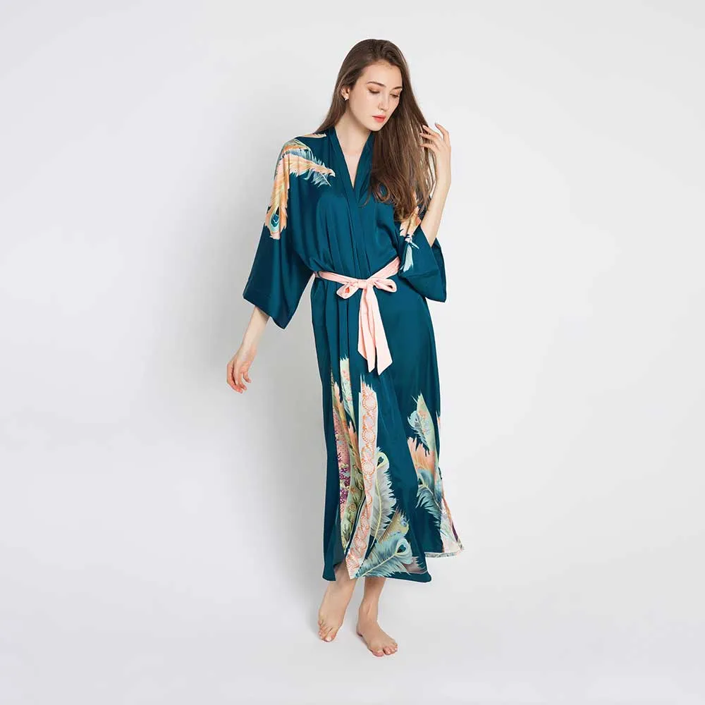 Peacock Feather Long Kimono Robe