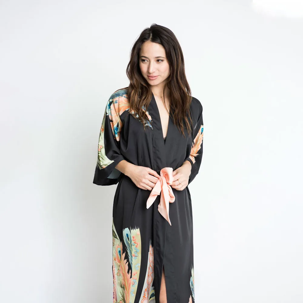 Peacock Feather Long Kimono Robe