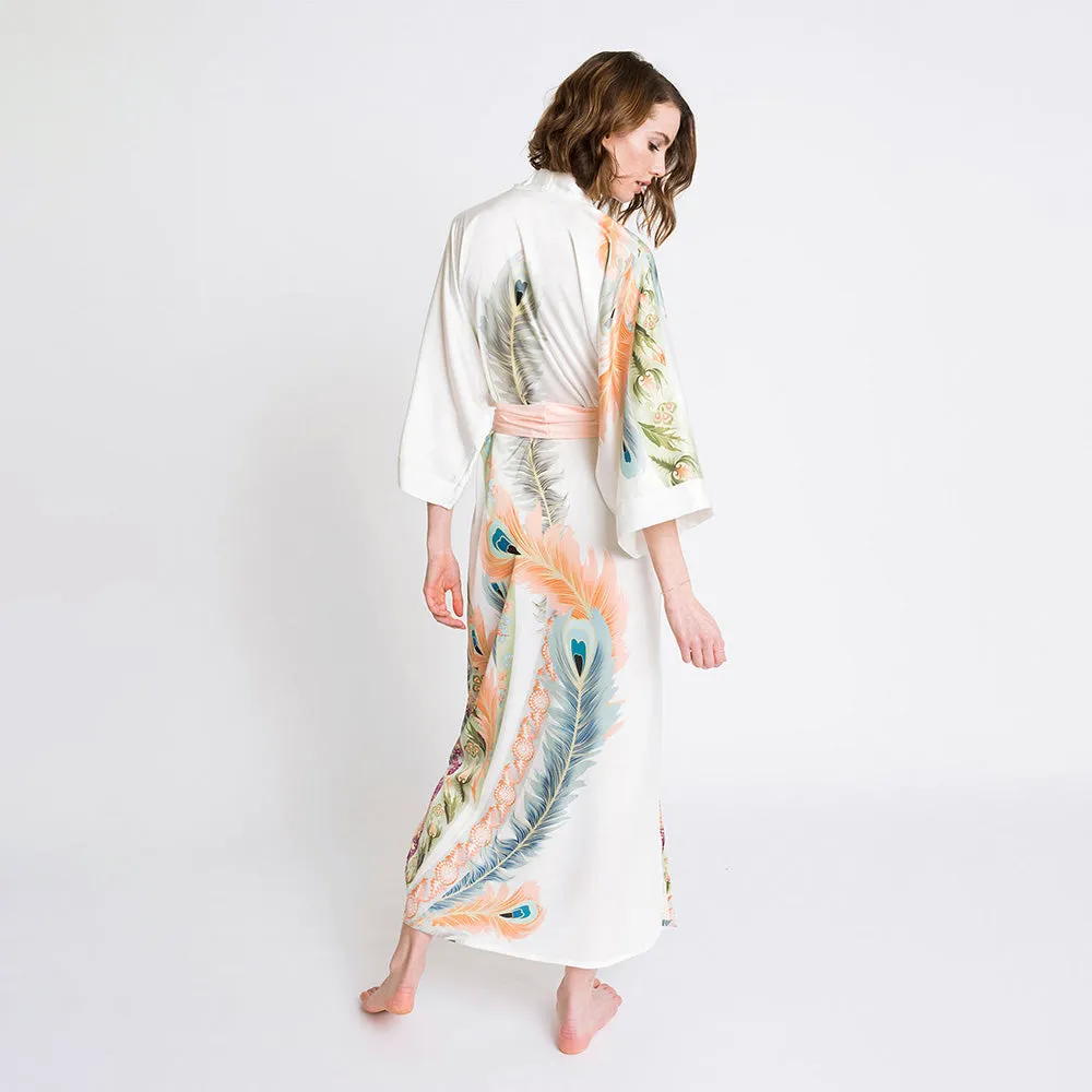 Peacock Feather Long Kimono Robe