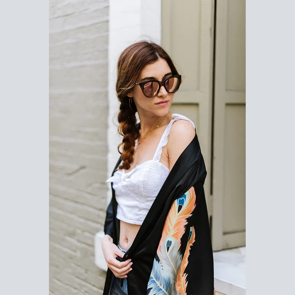 Peacock Feather Long Kimono Robe