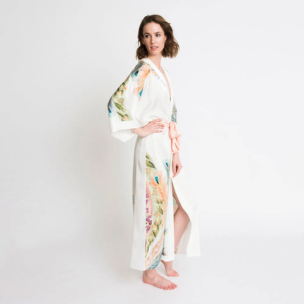 Peacock Feather Long Kimono Robe