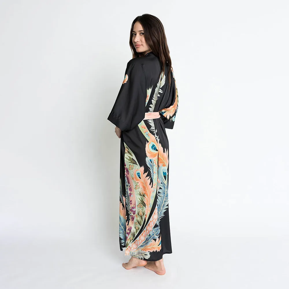 Peacock Feather Long Kimono Robe