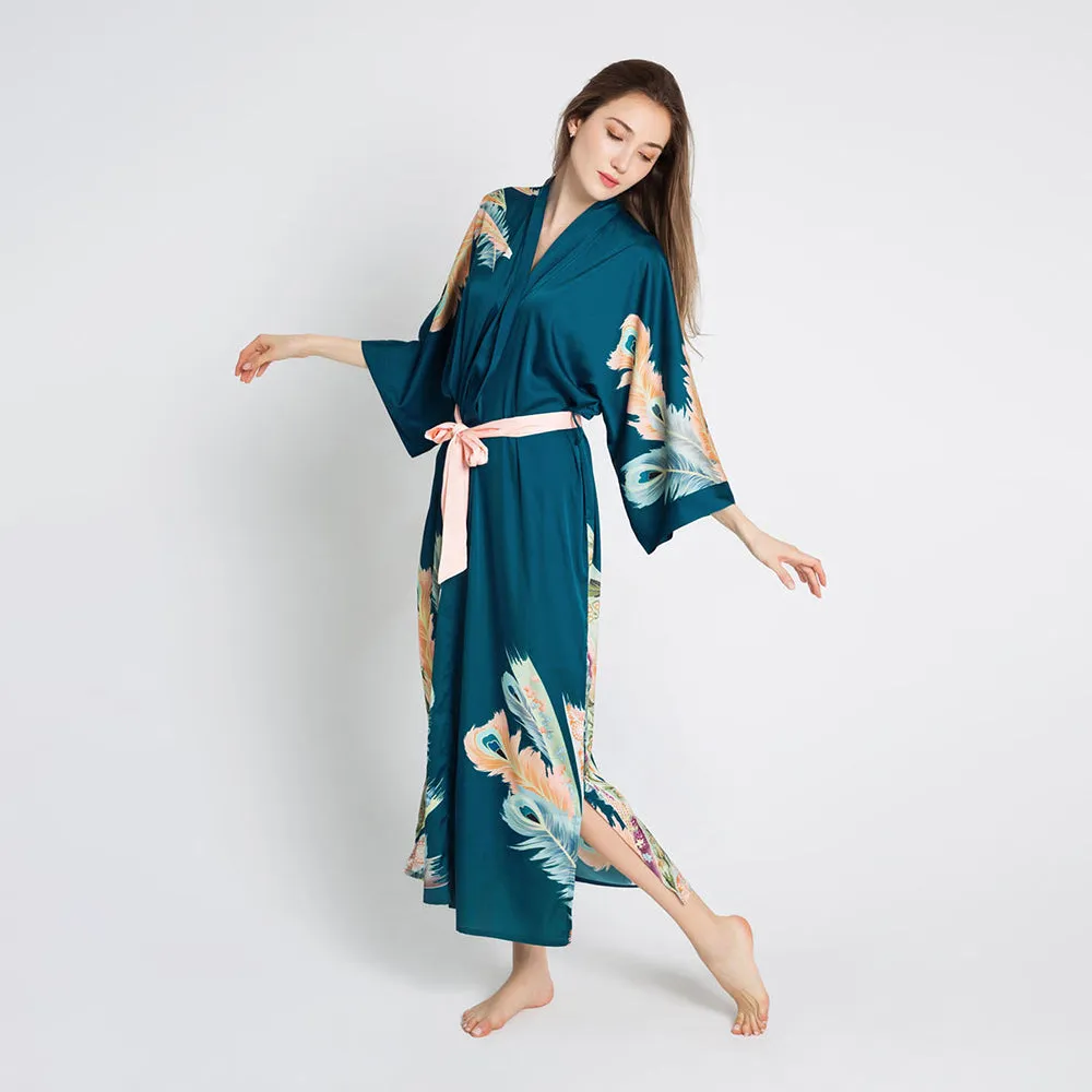 Peacock Feather Long Kimono Robe