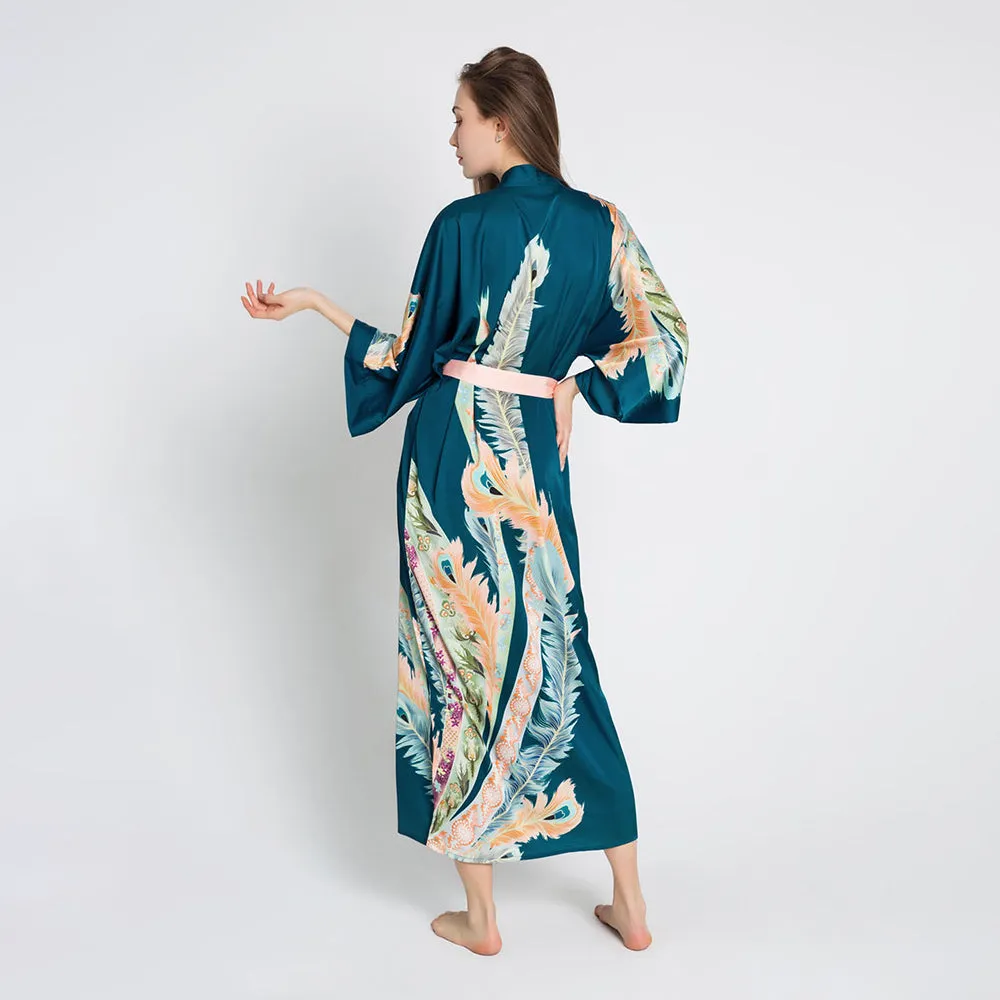 Peacock Feather Long Kimono Robe