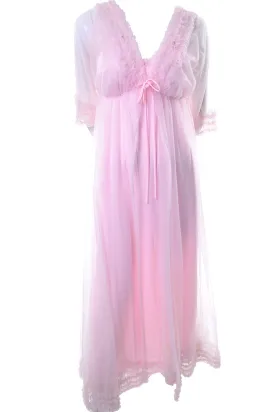 Pink Ruffled Vintage Chiffon Peignoir Set With Nightgown and Robe