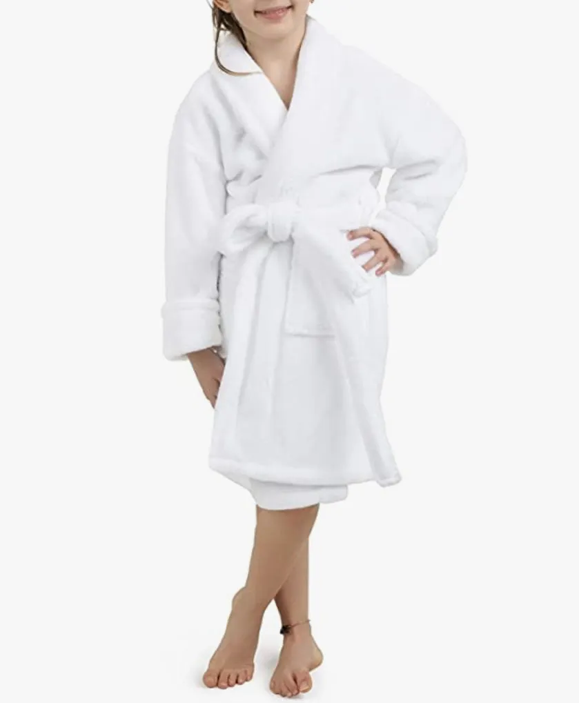 Plush toddler and youth size hooded bathrobe