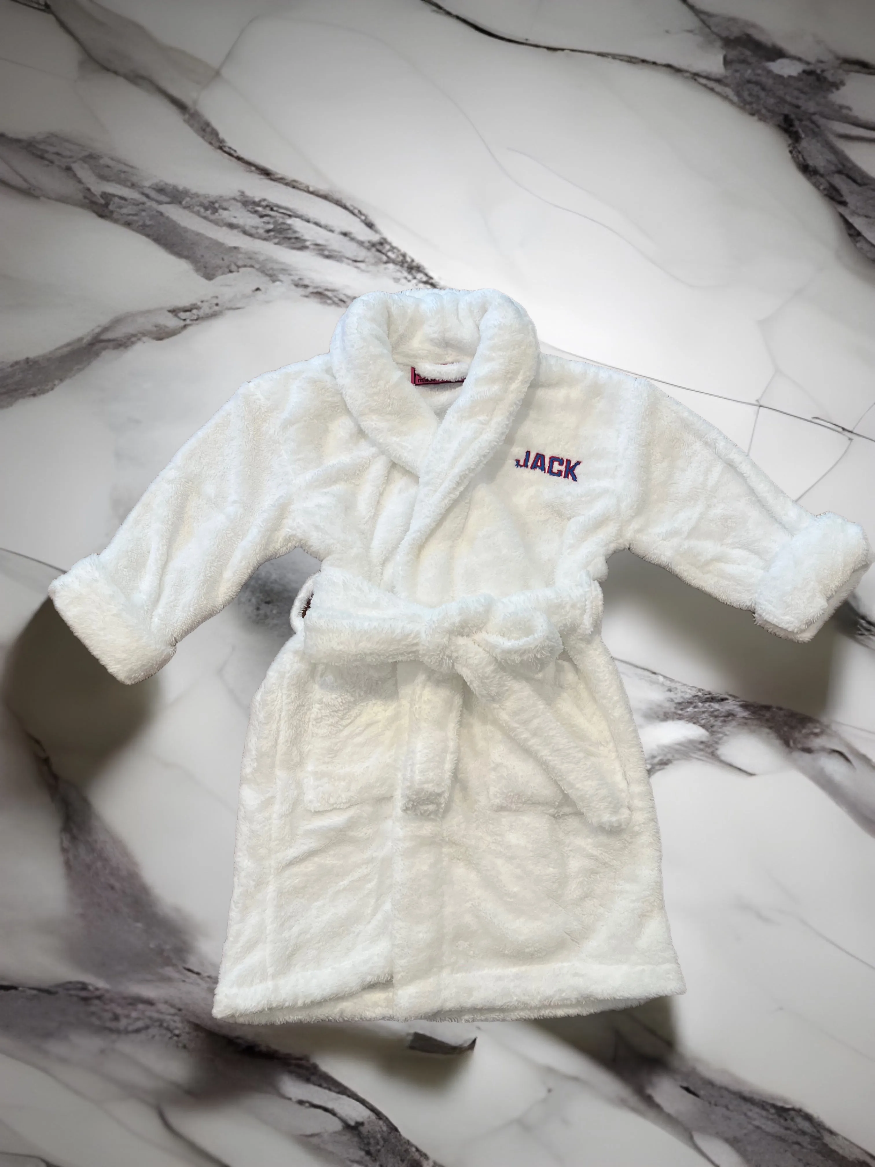 Plush toddler and youth size shawl collar bathrobe