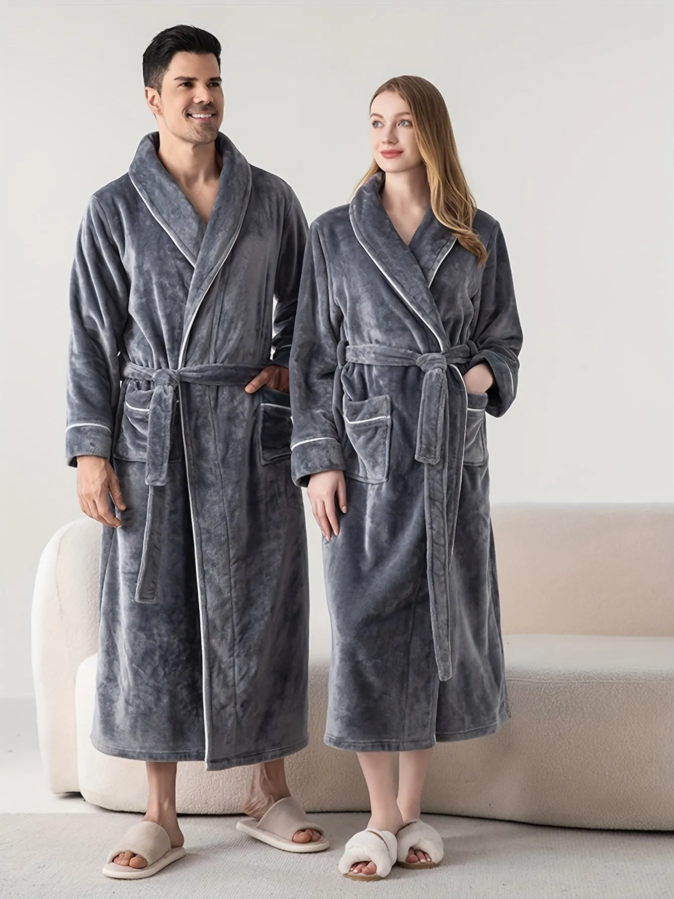 Polyester Flannel Couples Bathrobe Set - Comfortable V-Neck Long-Sleeve Loungewear for Men and Women, Warm Plush Robe for Fall/Winter, Solid Color Knit Fabric with No Detail, Regular Fit