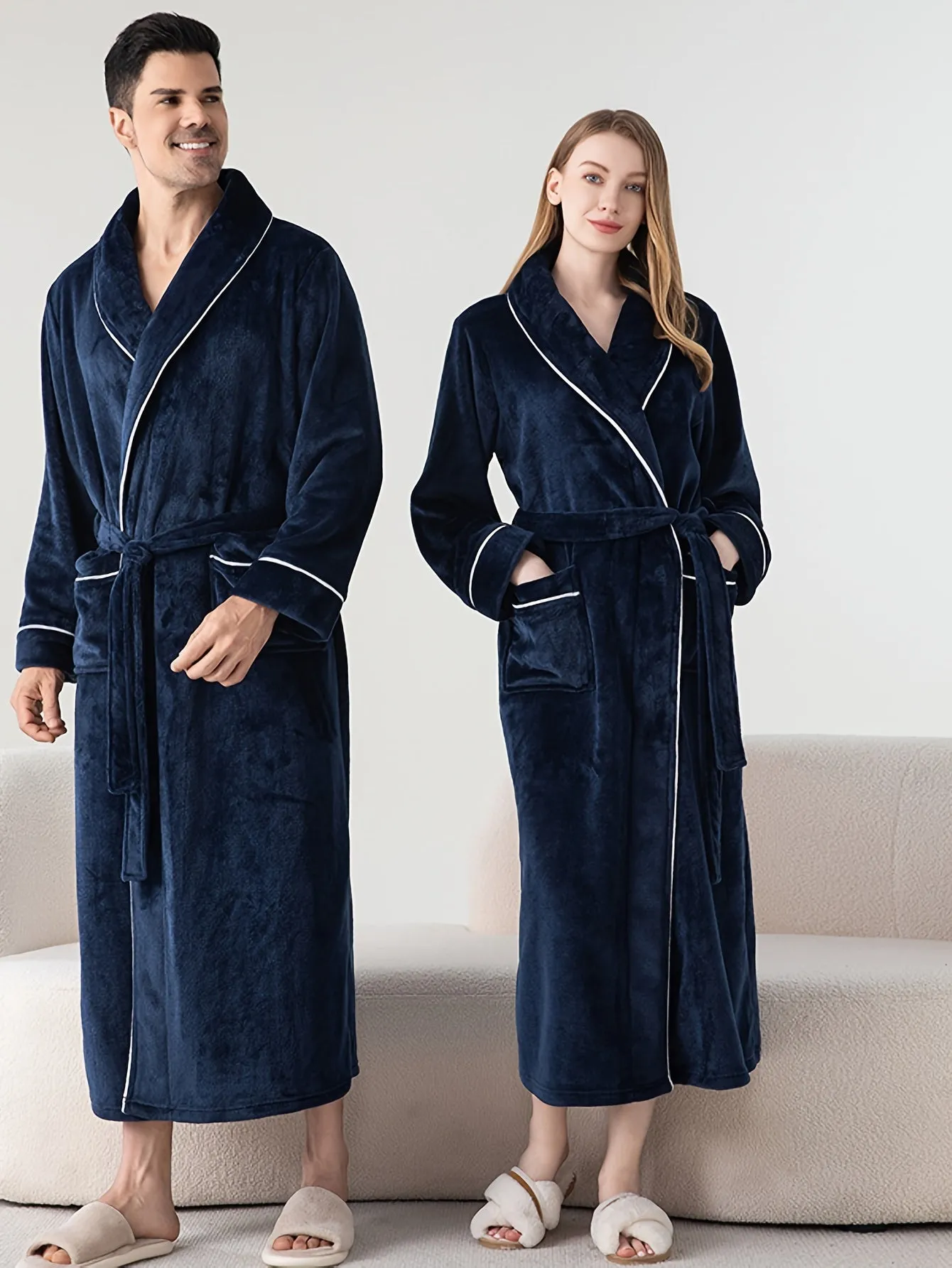 Polyester Flannel Couples Bathrobe Set - Comfortable V-Neck Long-Sleeve Loungewear for Men and Women, Warm Plush Robe for Fall/Winter, Solid Color Knit Fabric with No Detail, Regular Fit