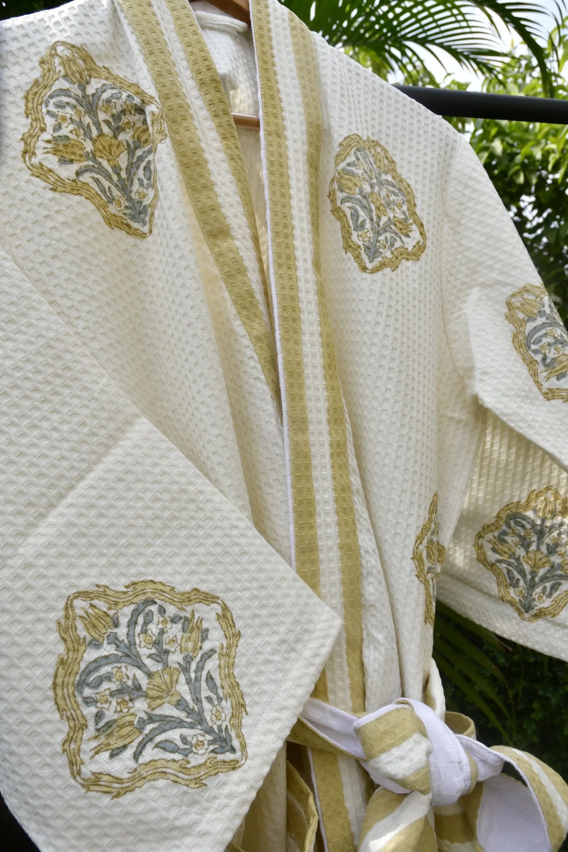 Royal Mustard stripe waffle cotton Bathrobe : Luxury comfort