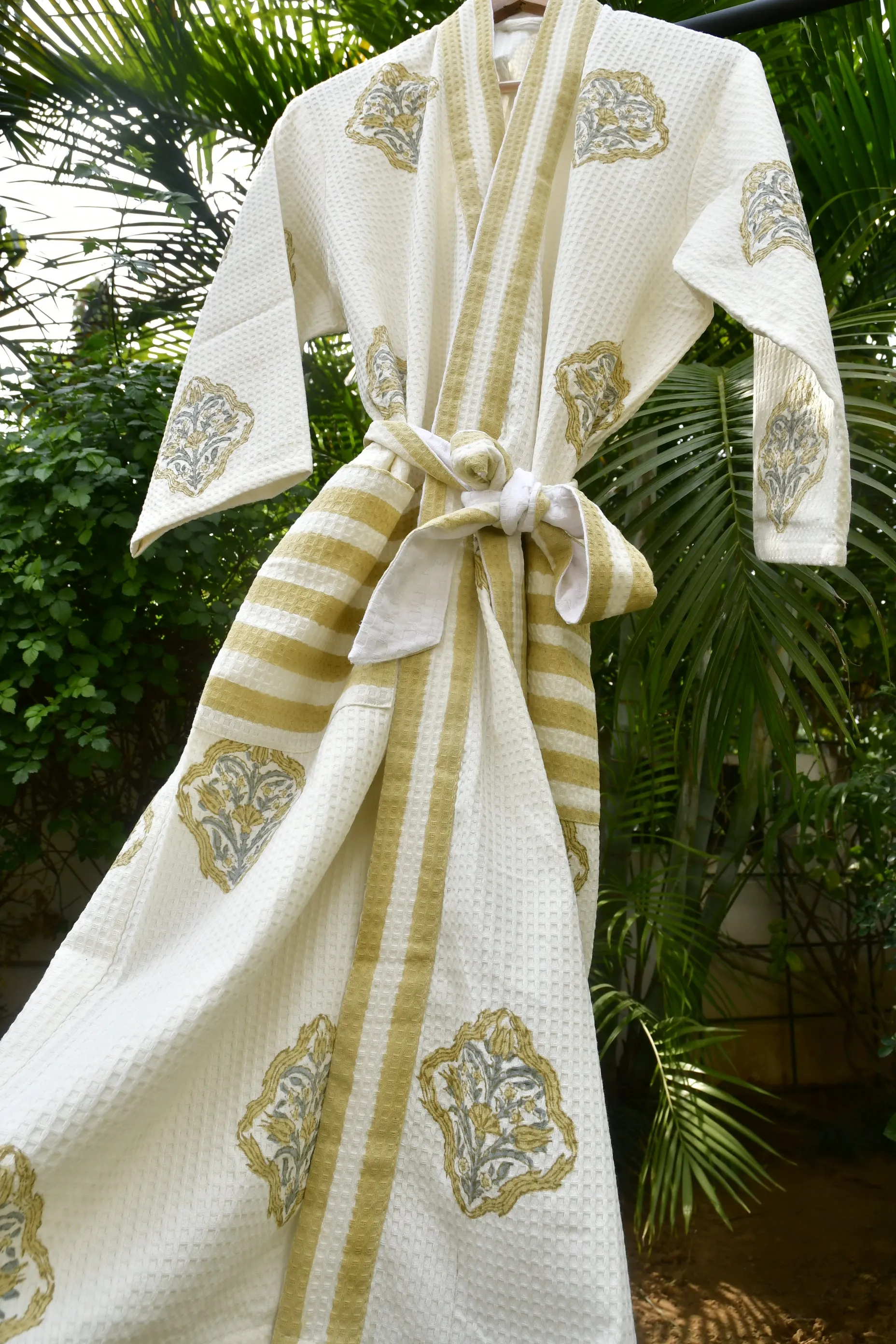 Royal Mustard stripe waffle cotton Bathrobe : Luxury comfort