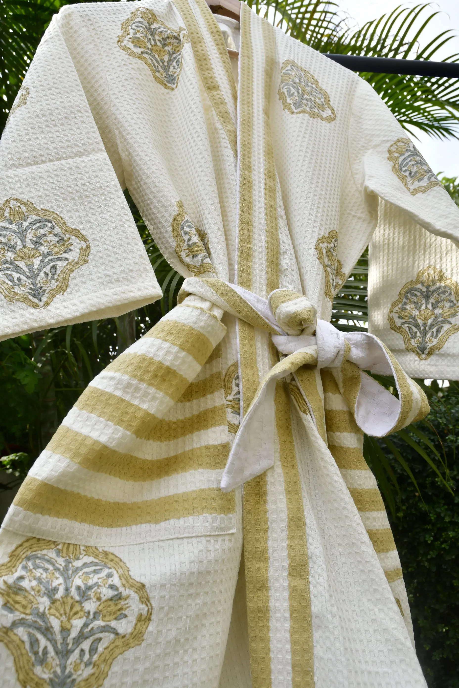 Royal Mustard stripe waffle cotton Bathrobe : Luxury comfort