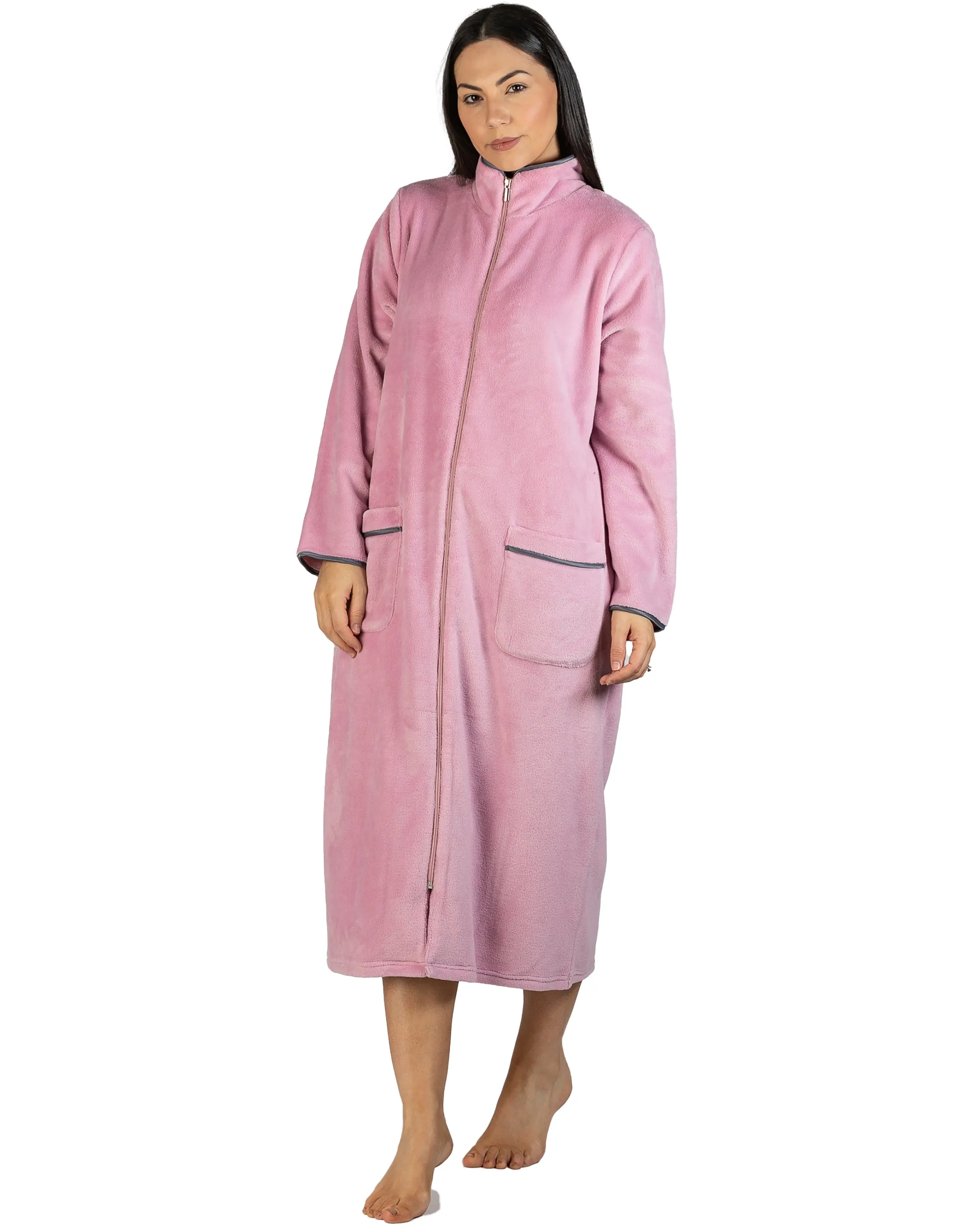 Satin Trim Plush Zip Robe Blush