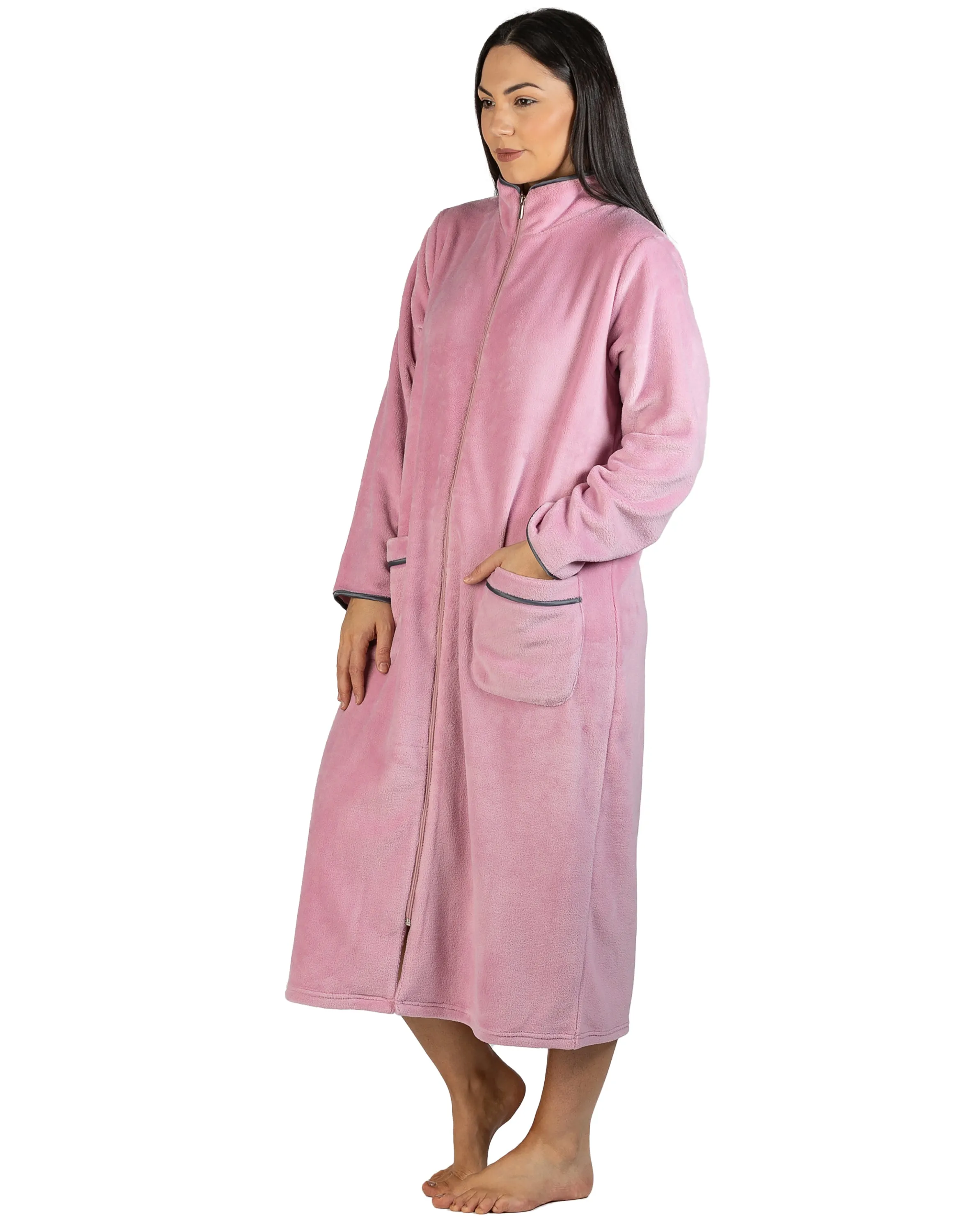 Satin Trim Plush Zip Robe Blush