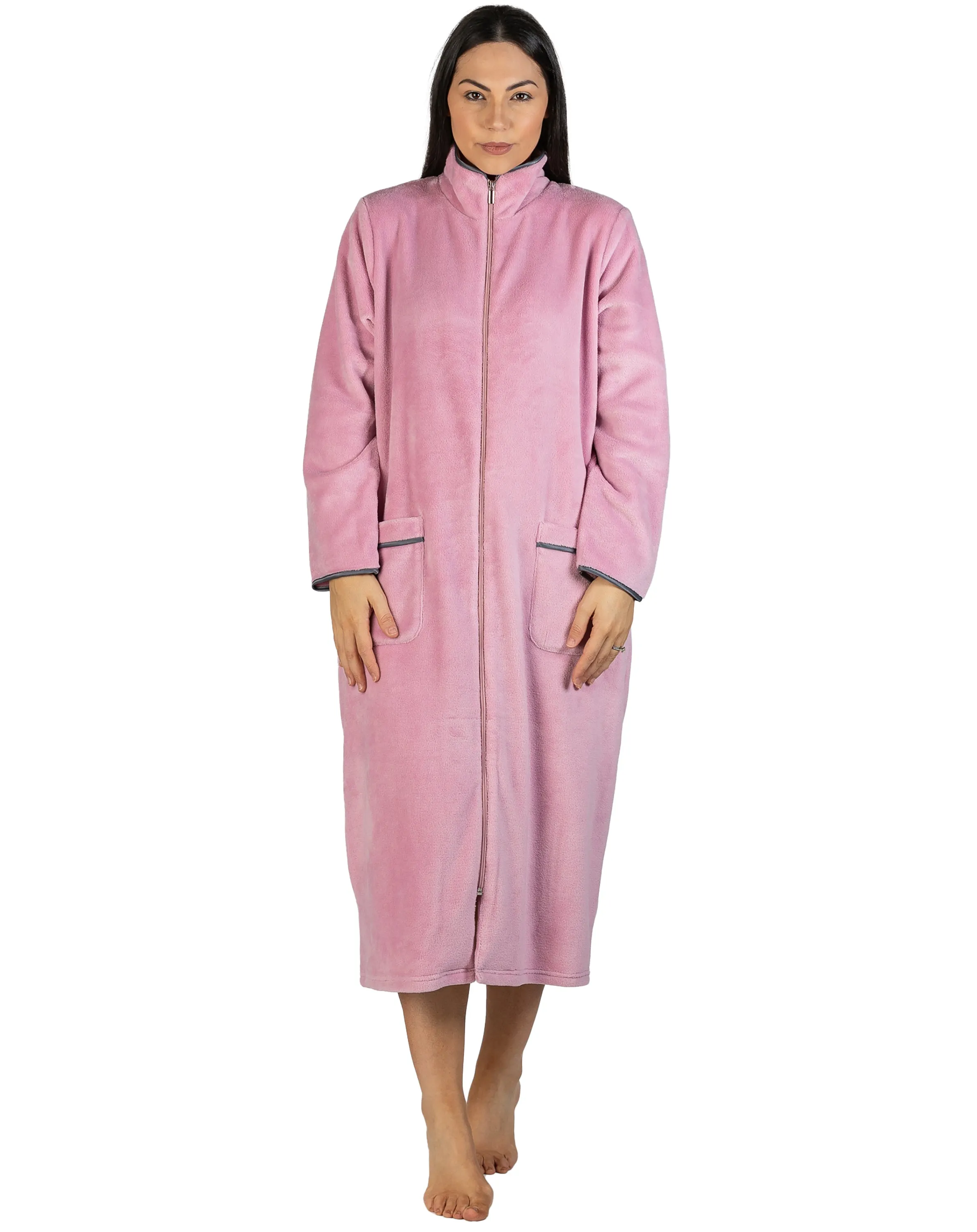 Satin Trim Plush Zip Robe Blush