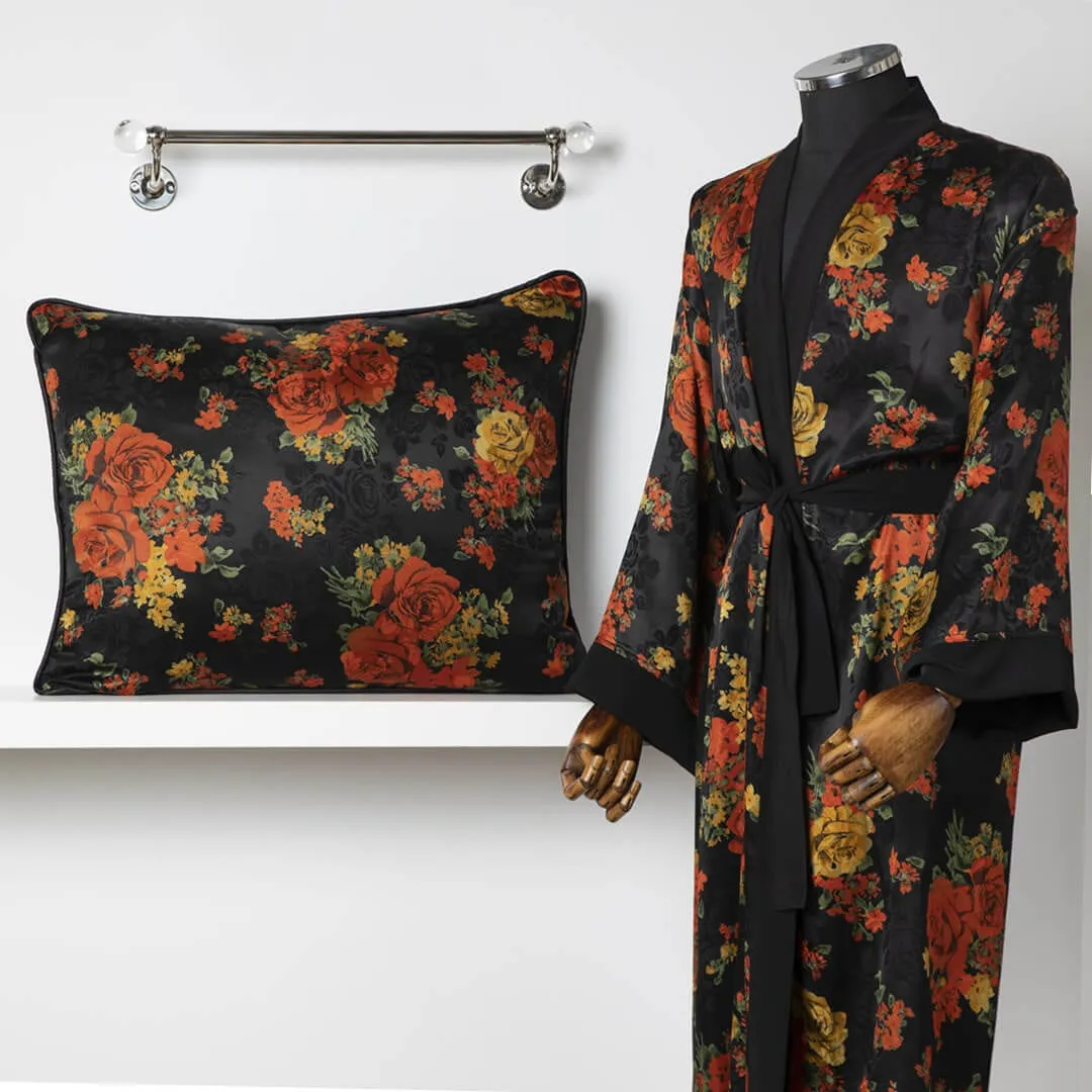 Silk Bathrobe - Red Gold Roses Bathrobe