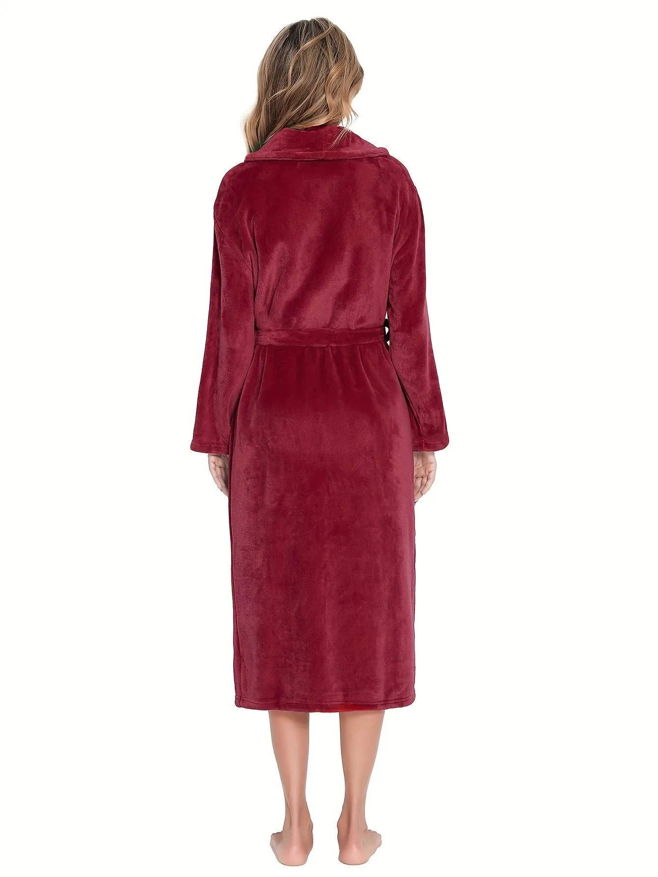 Solid Fuzzy Night Robe, Long Sleeve Robe With Belt & Pockets, Women's Sleepwear