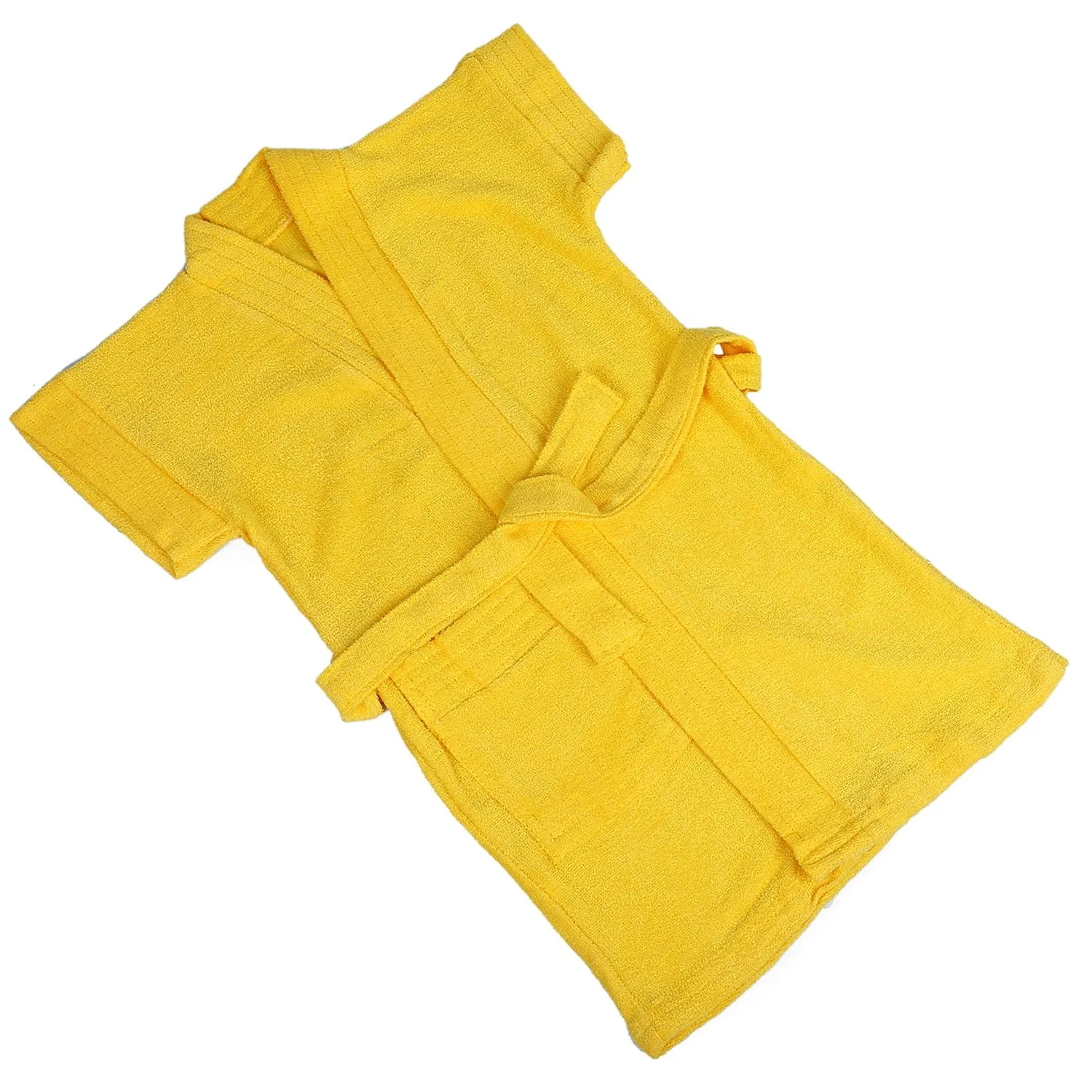 Solid Kids Half Sleeves Pocket with Waist Belt Bathrobe - Yellow