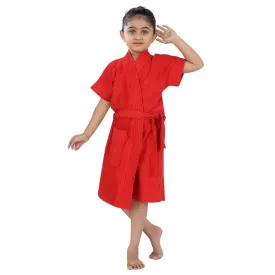 Solid Toddler Half Sleeves Pocket with Waist Belt Bathrobe - Red