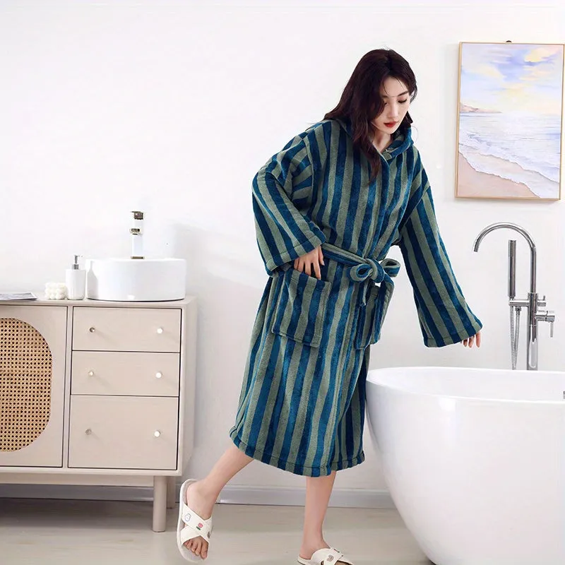 Super Absorbent Geometric-Stripe Bathrobe - Unisex Home Wear, Perfect Couples' Gift, Soft Coral Fleece, Spa Bath Towel Robe, Contemporary Knit Fabric, 380gsm - Polyester 100%