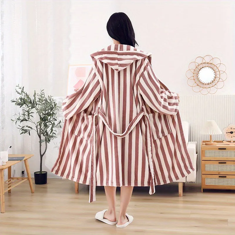 Super Absorbent Geometric-Stripe Bathrobe - Unisex Home Wear, Perfect Couples' Gift, Soft Coral Fleece, Spa Bath Towel Robe, Contemporary Knit Fabric, 380gsm - Polyester 100%