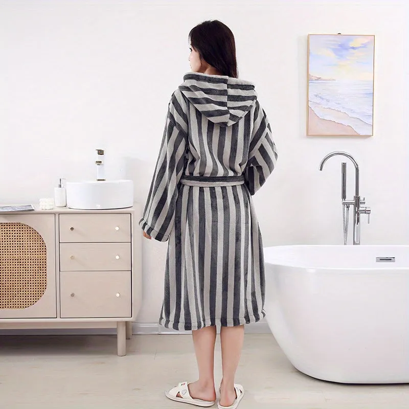 Super Absorbent Geometric-Stripe Bathrobe - Unisex Home Wear, Perfect Couples' Gift, Soft Coral Fleece, Spa Bath Towel Robe, Contemporary Knit Fabric, 380gsm - Polyester 100%