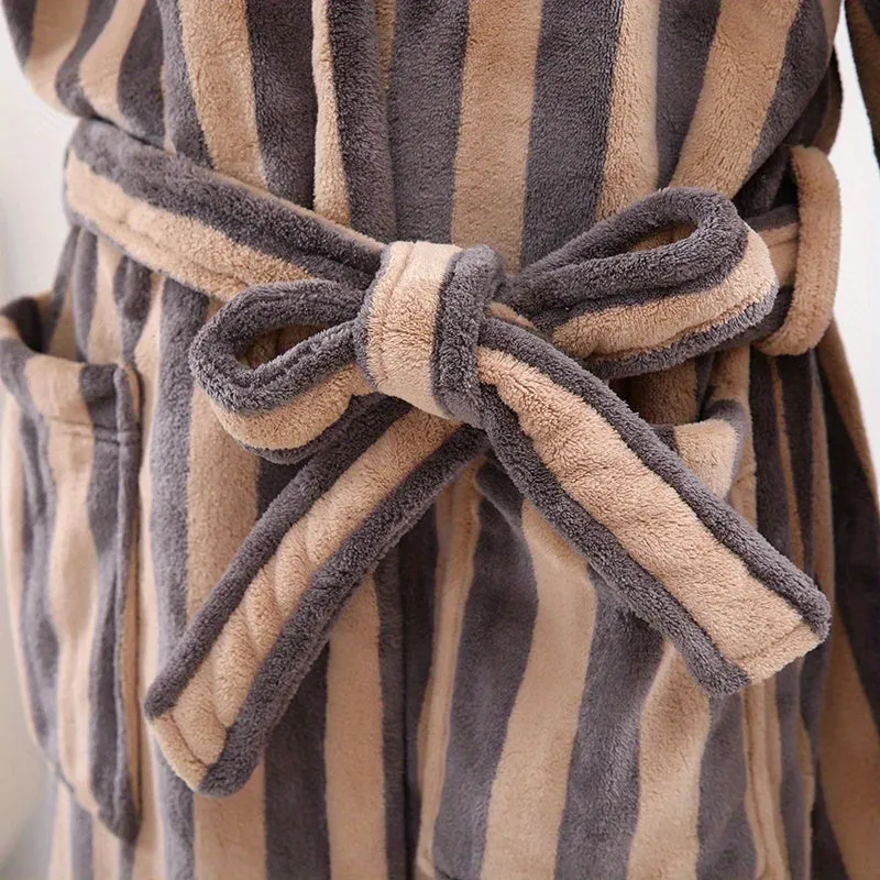 Super Absorbent Geometric-Stripe Bathrobe - Unisex Home Wear, Perfect Couples' Gift, Soft Coral Fleece, Spa Bath Towel Robe, Contemporary Knit Fabric, 380gsm - Polyester 100%