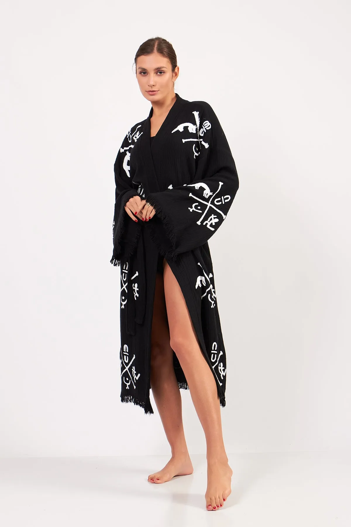 Turkish Towel Kimono Bathrobe Ancient Design Black