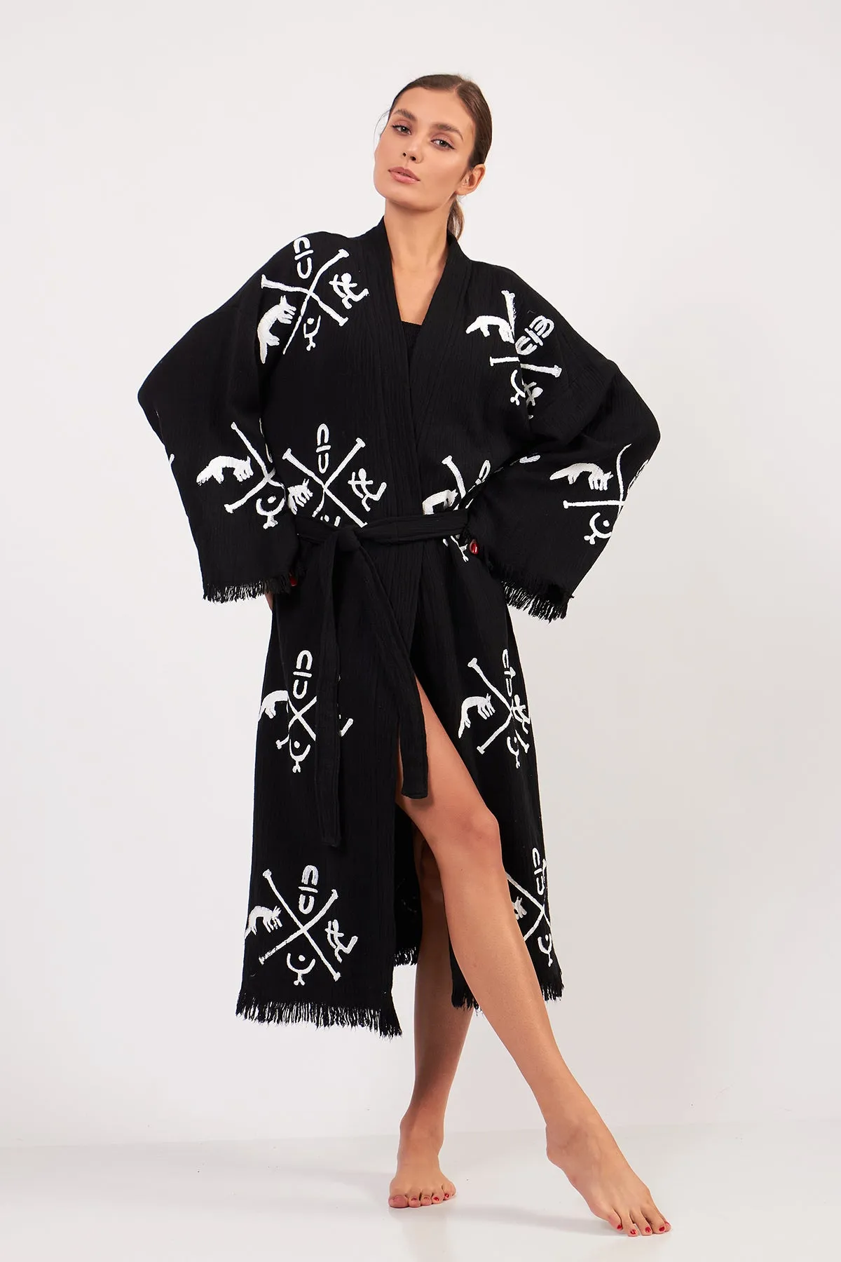 Turkish Towel Kimono Bathrobe Ancient Design Black