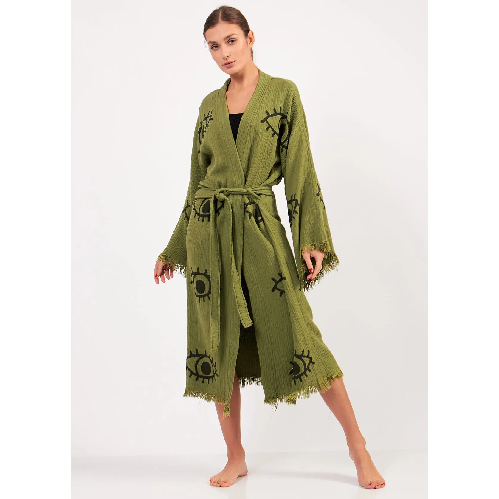 Turkish Towel Kimono Bathrobe Eye Design Green