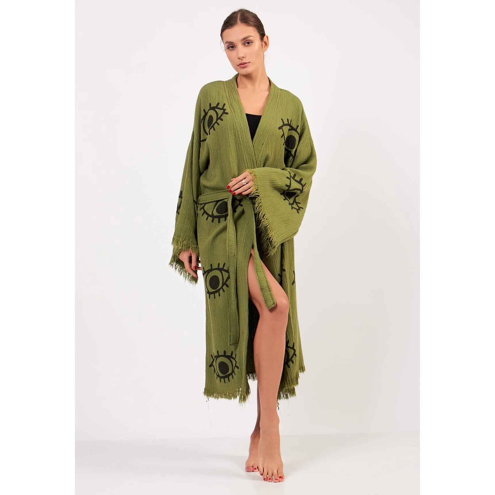 Turkish Towel Kimono Bathrobe Eye Design Green