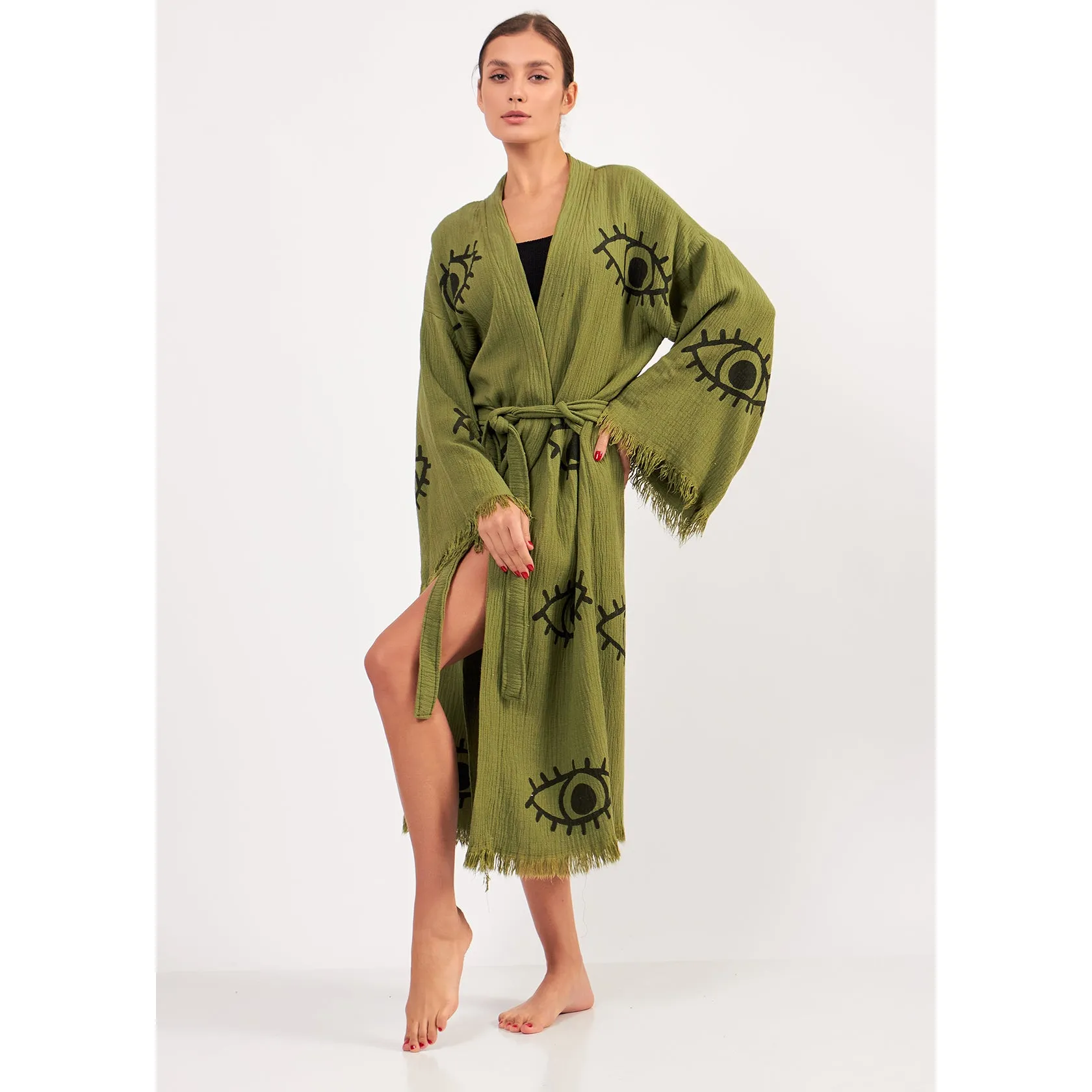 Turkish Towel Kimono Bathrobe Eye Design Green