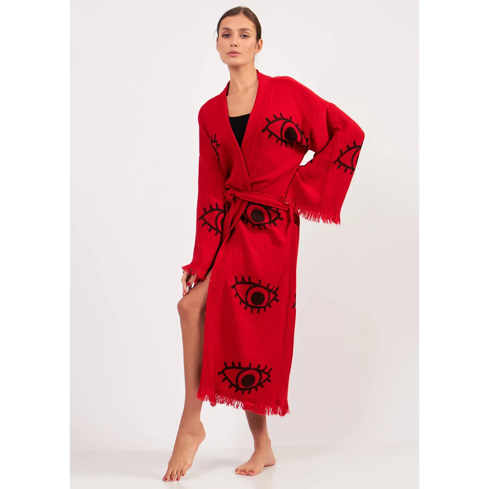 Turkish Towel Kimono Bathrobe Eye Design Red