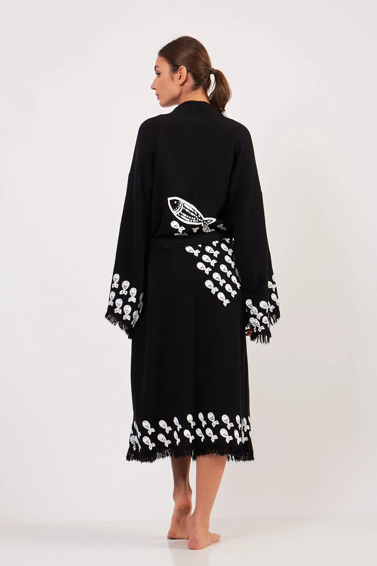 Turkish Towel Kimono Bathrobe Fish Design Black