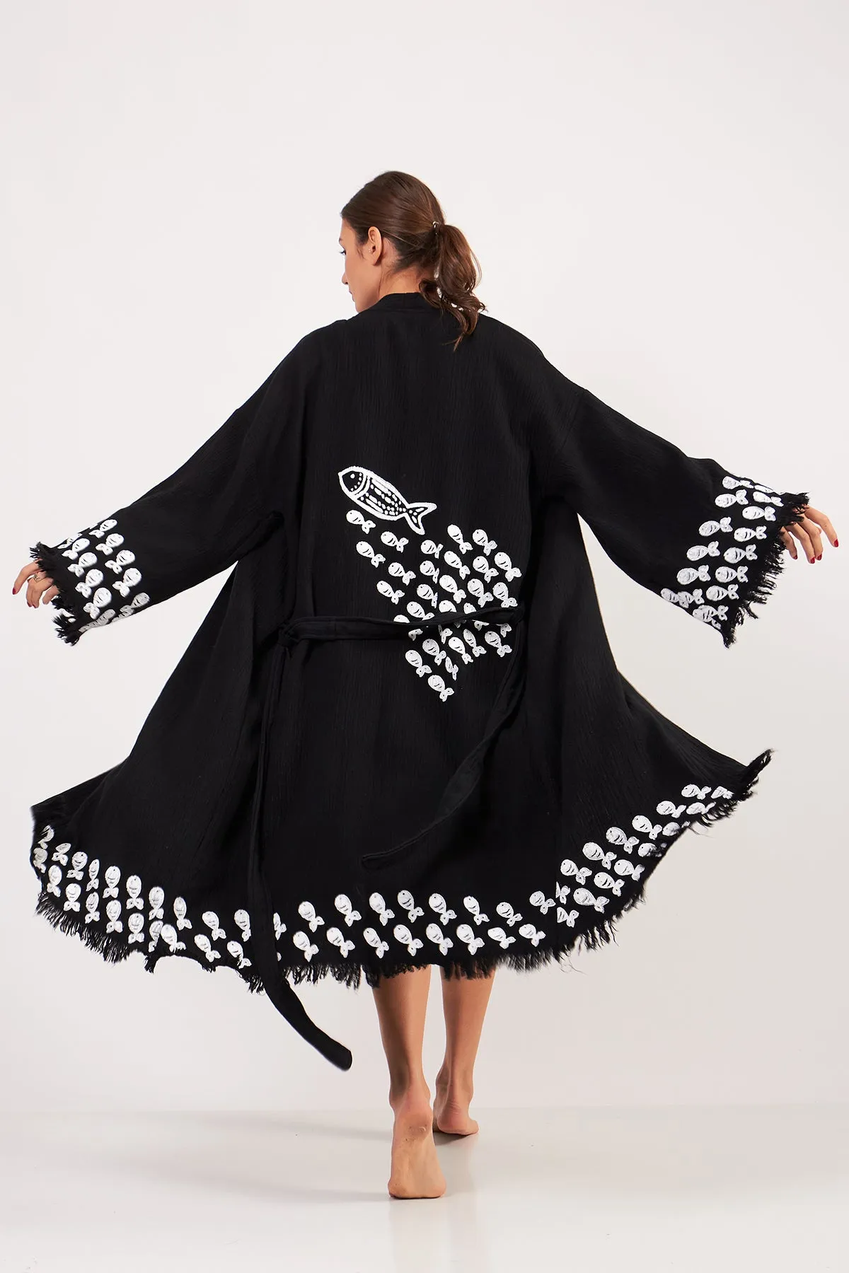 Turkish Towel Kimono Bathrobe Fish Design Black