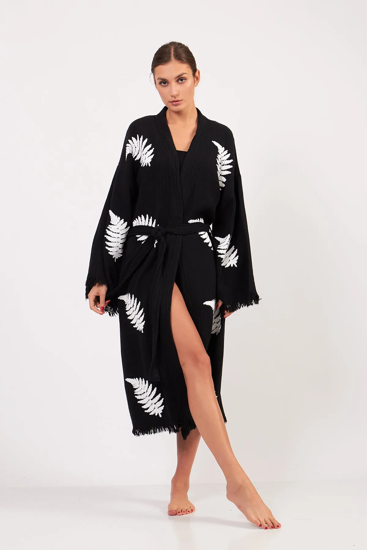 Turkish Towel Kimono Bathrobe Leaves Design Black