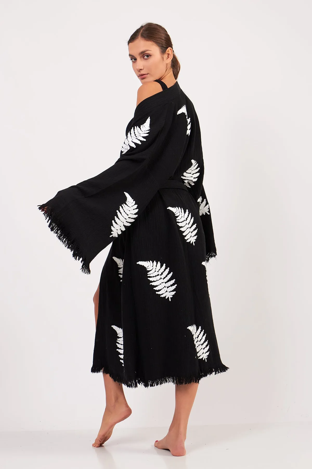 Turkish Towel Kimono Bathrobe Leaves Design Black