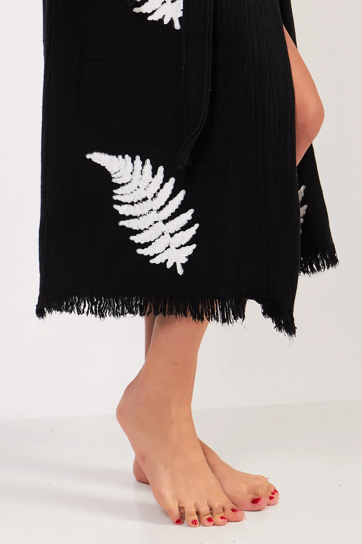 Turkish Towel Kimono Bathrobe Leaves Design Black