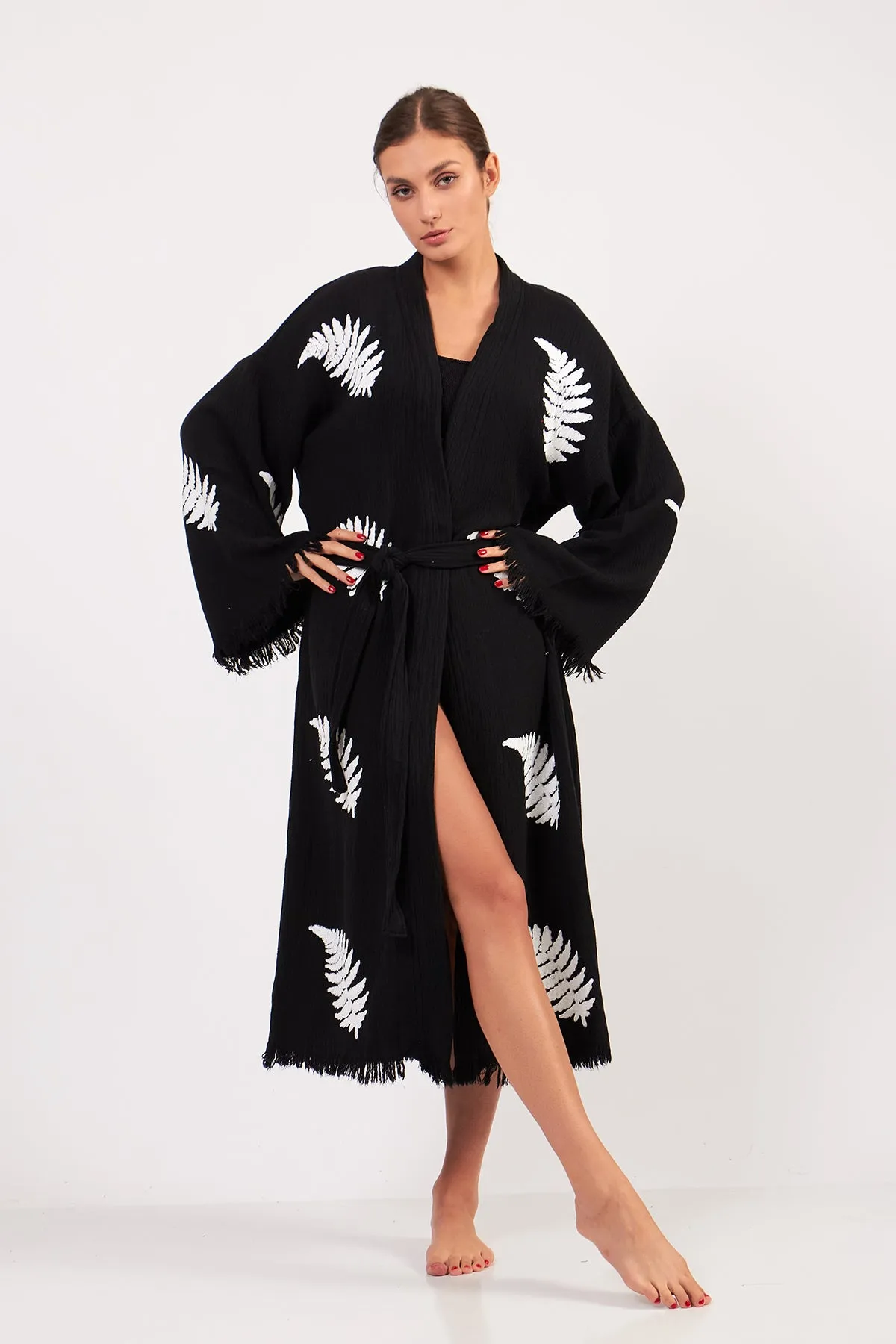 Turkish Towel Kimono Bathrobe Leaves Design Black