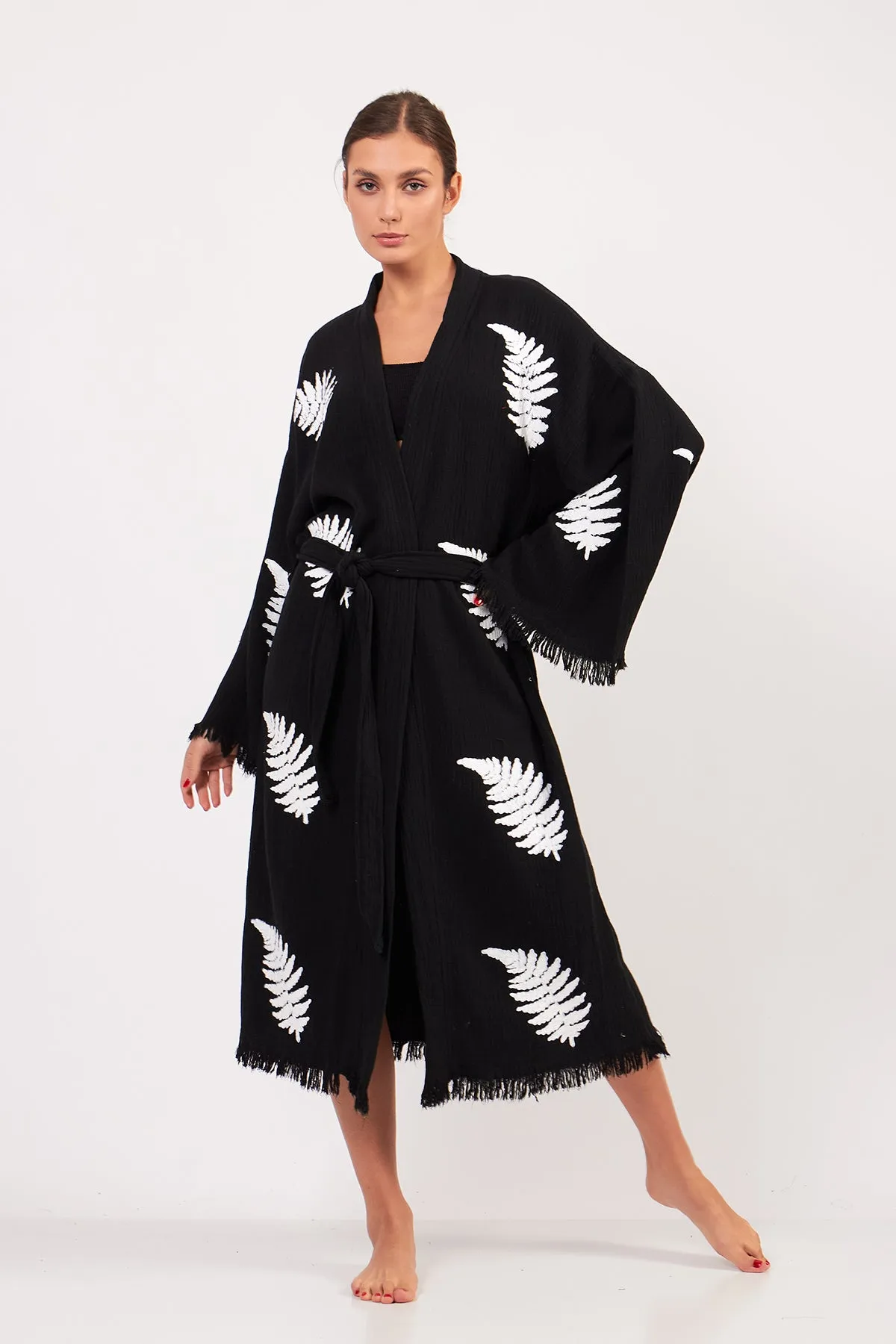 Turkish Towel Kimono Bathrobe Leaves Design Black