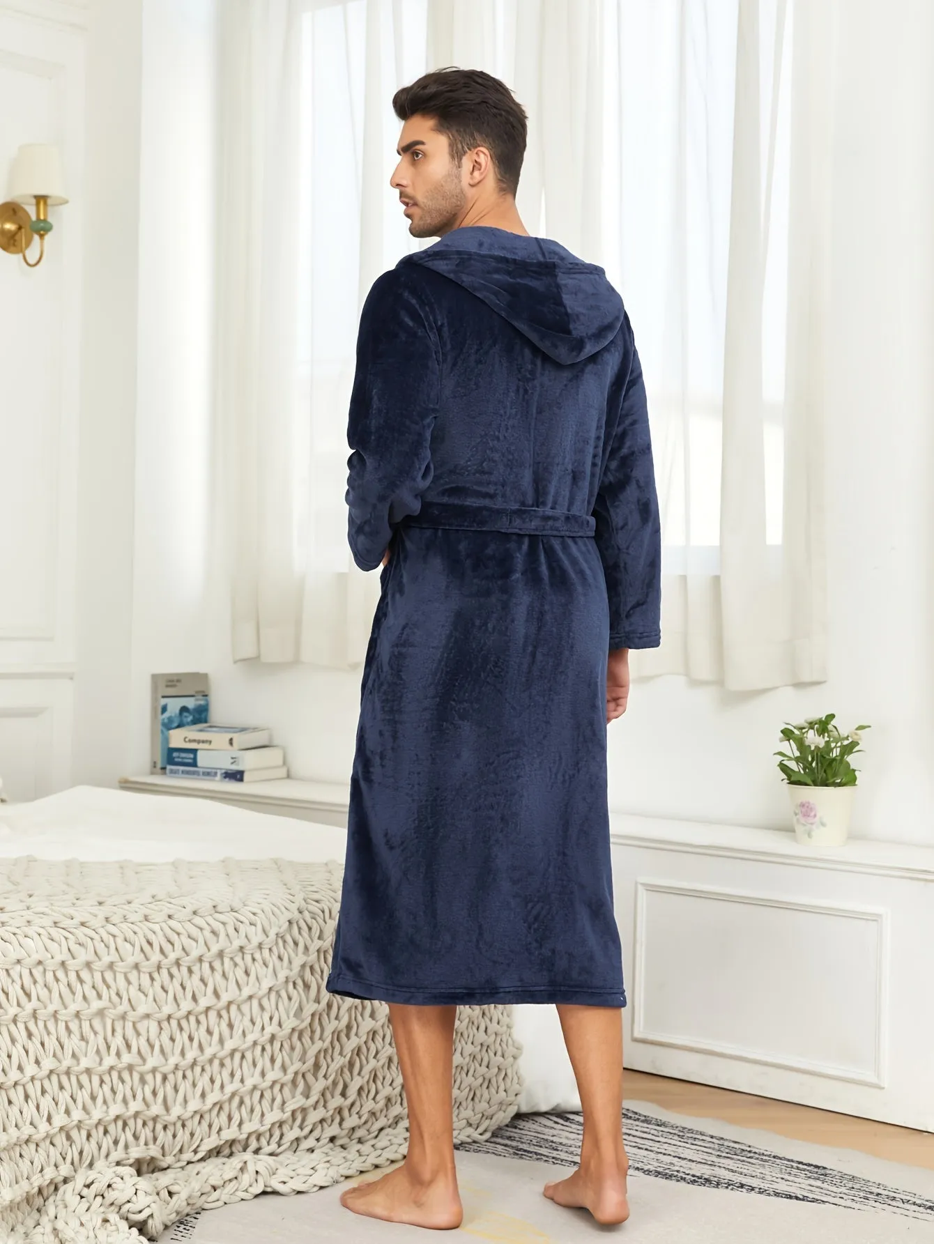 Ultra-Soft Flannel Double Layer Hooded Bathrobe for Men - Robes with Breathable Comfy Solid Color Design, Adjustable Belt, and Pajamas-Perfect Night-robe Set for Relaxation After a Bath