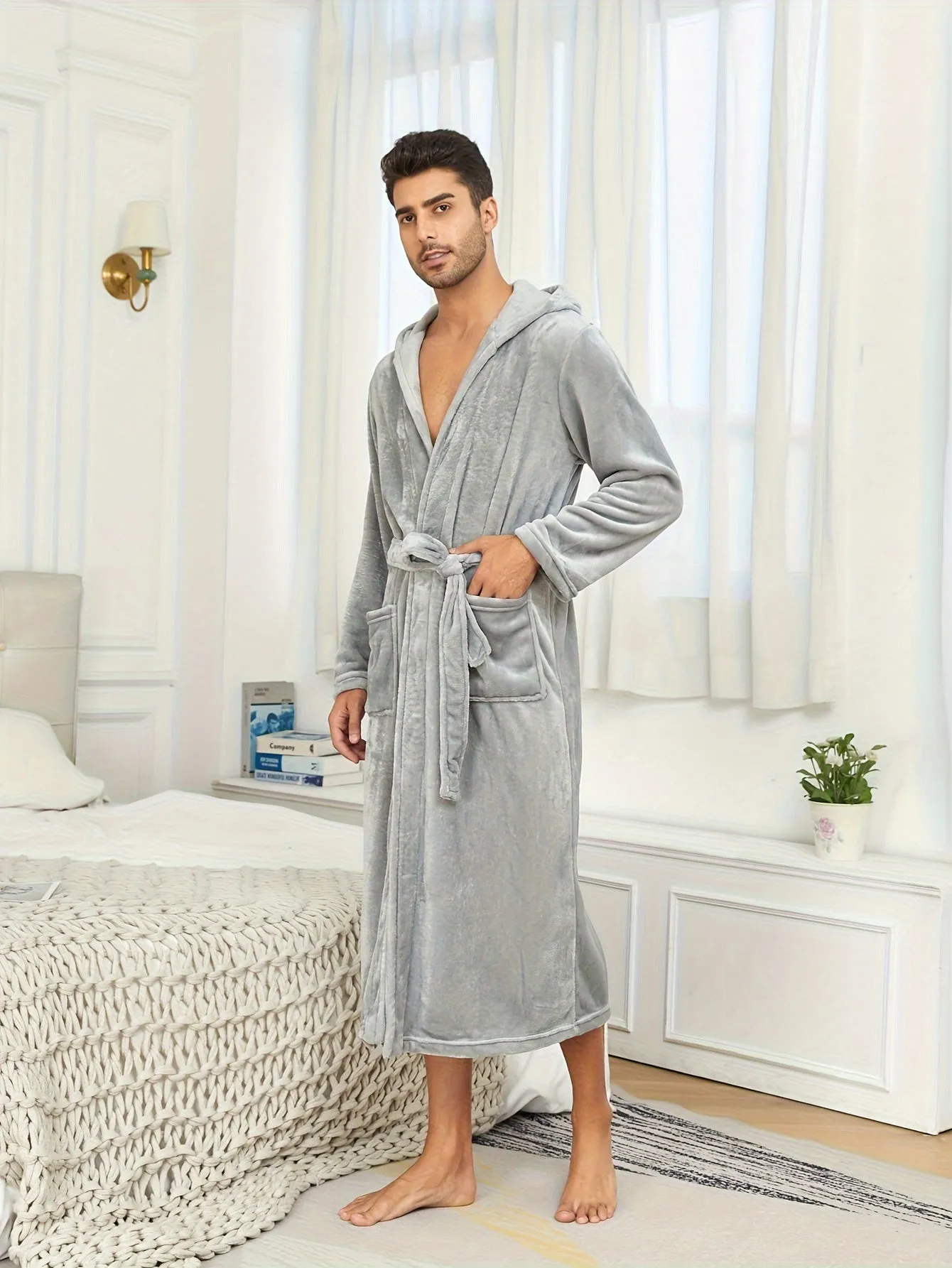 Ultra-Soft Flannel Double Layer Hooded Bathrobe for Men - Robes with Breathable Comfy Solid Color Design, Adjustable Belt, and Pajamas-Perfect Night-robe Set for Relaxation After a Bath