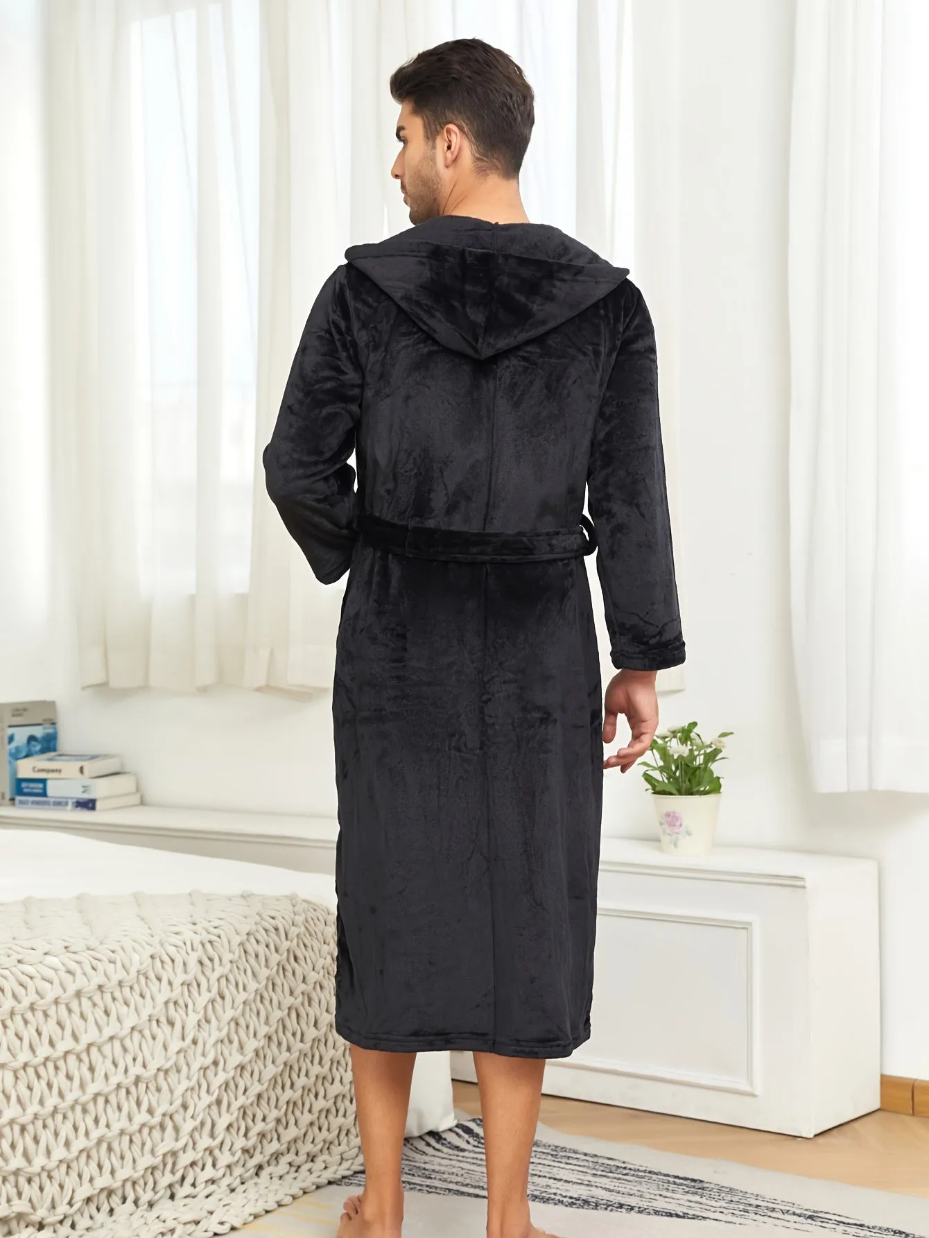 Ultra-Soft Flannel Double Layer Hooded Bathrobe for Men - Robes with Breathable Comfy Solid Color Design, Adjustable Belt, and Pajamas-Perfect Night-robe Set for Relaxation After a Bath