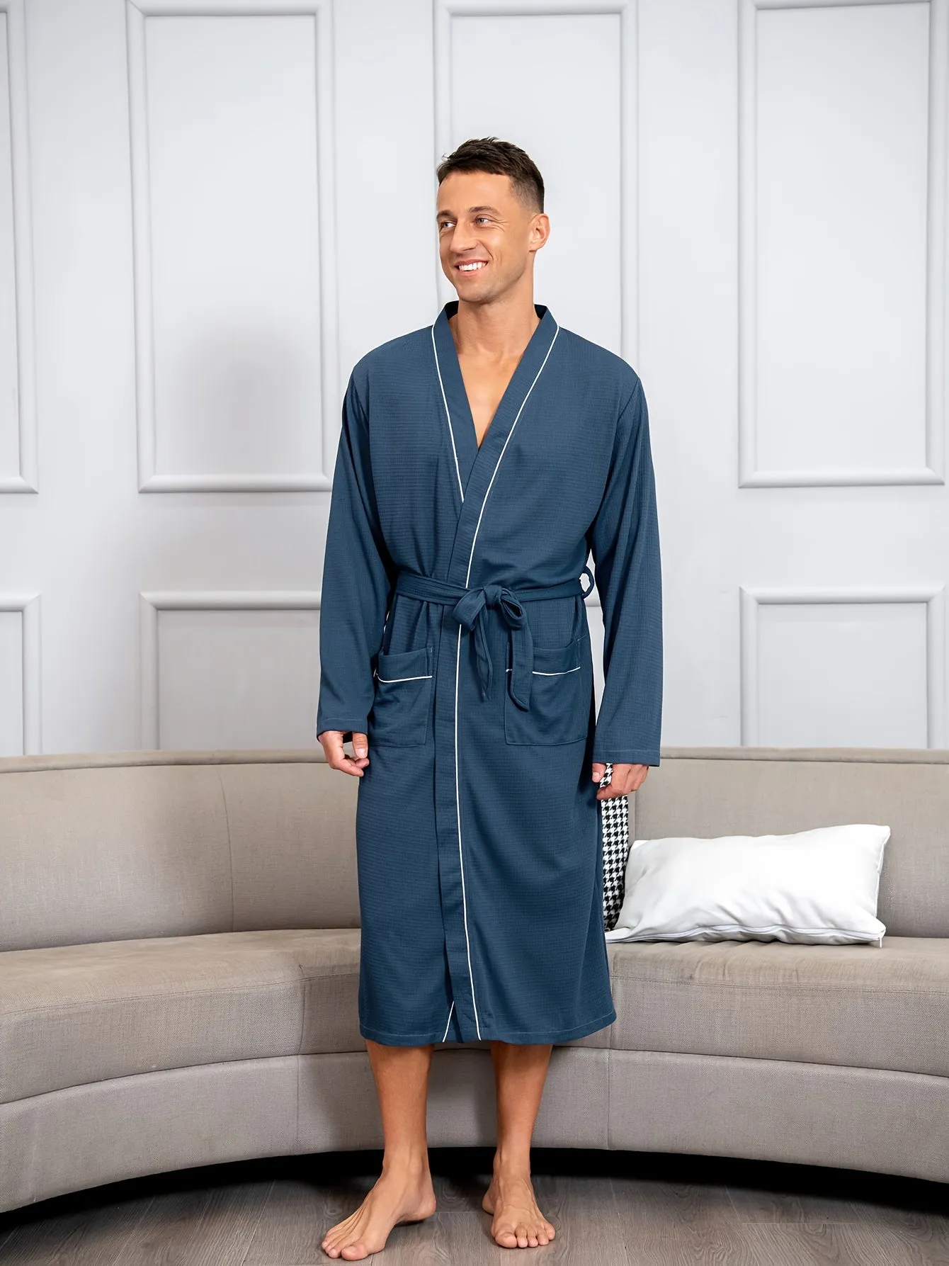 Ultra-Soft Men's Comfy Robe - Luxurious Solid Design, Spacious Pockets, Adjustable Lace-Up Front, Perfect for Spring and Summer Home Lounging, Pajamas Wear, One-Piece Night-Robe Set