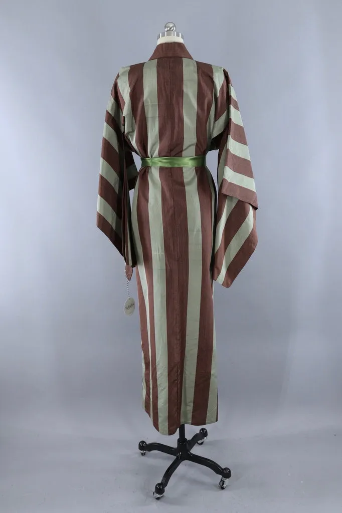 Vintage Sage Green and Brown Stripes Silk Kimono Robe