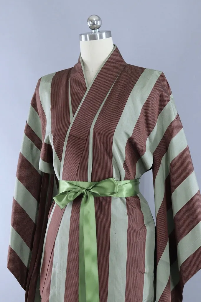 Vintage Sage Green and Brown Stripes Silk Kimono Robe